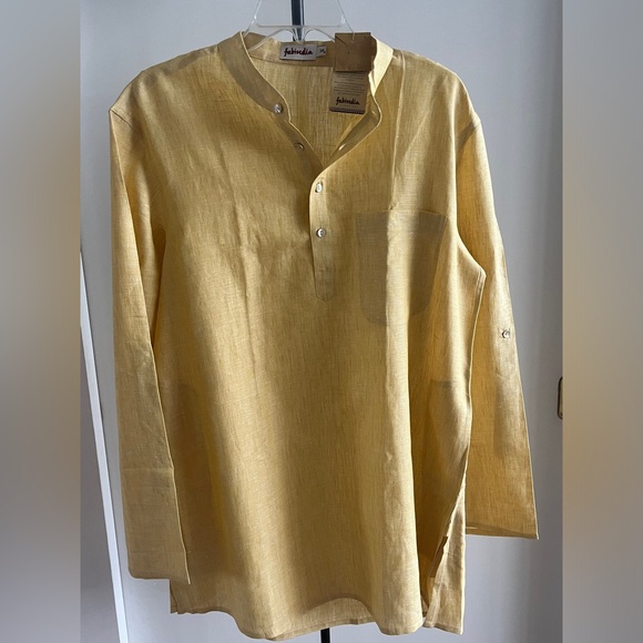 NWT FABINDIA Men 100% Linen Woven Nehru Kurta Mustard Yellow Festive Large Sz 40 - Picture 8 of 16